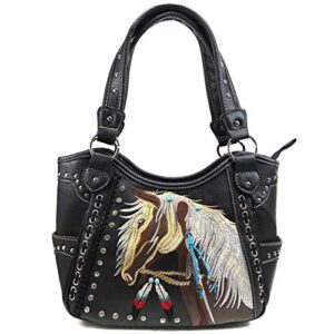 zelris dakota dales pony horse embroidery mane western country women tote purse handbag (black)