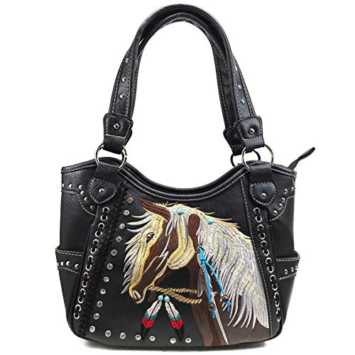 Zelris Dakota Dales Pony Horse Embroidery Mane Western Country Women Tote Purse Handbag (Black)