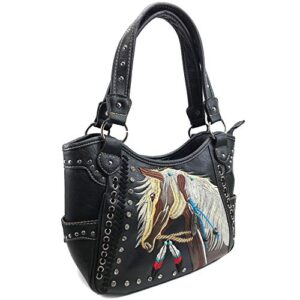 Zelris Dakota Dales Pony Horse Embroidery Mane Western Country Women Tote Purse Handbag (Black)