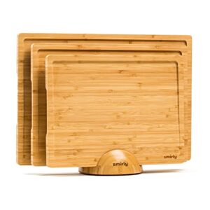 smirly wooden cutting boards for kitchen – bamboo cutting board set, chopping board set – wood cutting board set with holder – first apartment kitchen essentials, new home kitchen accessories