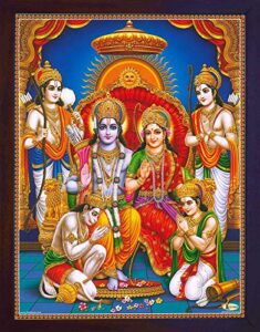 handicraftstore hanuman in holy ram darbar, lord ram with sita and bharat and hanuman showing his gratitude, a poster print for home decor and gift purpose.