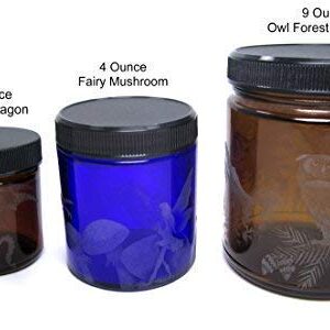 IncisoArt Hand Etched Decorative Jar Permanently Sandblasted (Sand Carved) Glass Handmade Custom Canister Screw-Top Lid (9 Ounce, Cobalt Blue Dragonfly Grass)