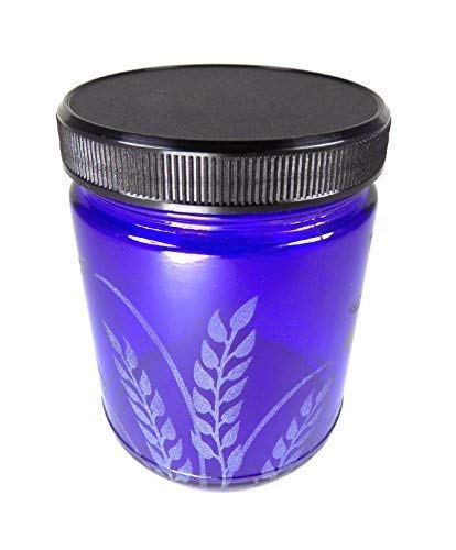 IncisoArt Hand Etched Decorative Jar Permanently Sandblasted (Sand Carved) Glass Handmade Custom Canister Screw-Top Lid (9 Ounce, Cobalt Blue Dragonfly Grass)