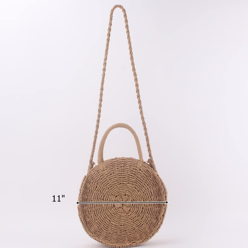 Women Straw Summer Beach Bag Handwoven Round Rattan Bag Cross Body Bag Shoulder Messenger Satchel with Handle