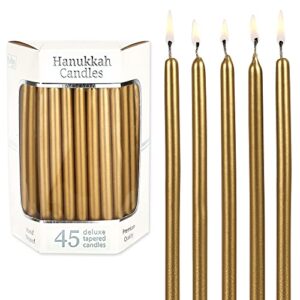 drip less hanukkah candles 5.75″ tall metallic gold candle set of 45 enough for 8 nights fits standard menorah decorative candles for parties, birthday, weddings, holiday decorations by aviv judaica