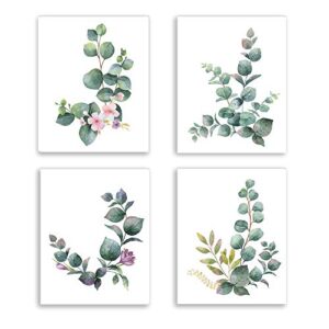 kairne eucalyptus leaf canvas wall art painting set of 4 unframed(8×10 inch) tropical plant decor leaves pink flower art print botanical wall decor for living room home wall decoration