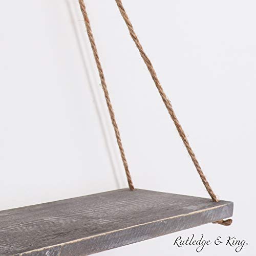 Rutledge & King Hanging Wall Shelves - Distressed Wooden Hanging Storage Shelves - Rustic Swing Rope (1, White Distressed)