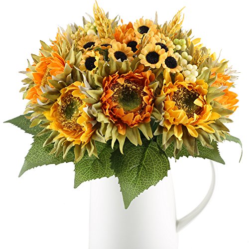 HO2NLE 2 Bundles Artificial Sunflowers Bundle Silk Plants Faux Wedding Bride Bouquet Indoor Outdoor Fall Flower Table Centerpieces Arrangements Decorations