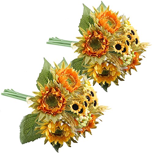 HO2NLE 2 Bundles Artificial Sunflowers Bundle Silk Plants Faux Wedding Bride Bouquet Indoor Outdoor Fall Flower Table Centerpieces Arrangements Decorations