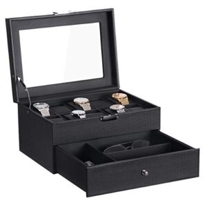 BEWISHOME Watch Box Organizer with Valet Drawer - Real Glass Top, Metal Hinge, Large Holder, Black Carbon Fiber Faux Leather - 10 Slots Watch Storage Case Jewelry Box for Men SSH14C