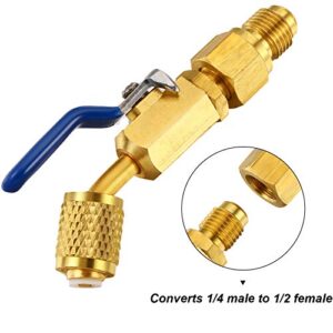 Mudder 6 Pieces Air Conditioning Refrigerant Angled Compact Ball Valve 1/4 Inch for R410A R134A R12 R22 HVAC and R12 R22 to R134A Adapters 6015 R134A Refrigerant Tank Adapter 6014 Vacuum Pump Adapter