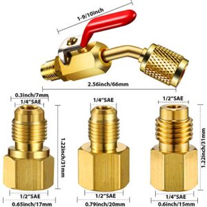 Mudder 6 Pieces Air Conditioning Refrigerant Angled Compact Ball Valve 1/4 Inch for R410A R134A R12 R22 HVAC and R12 R22 to R134A Adapters 6015 R134A Refrigerant Tank Adapter 6014 Vacuum Pump Adapter