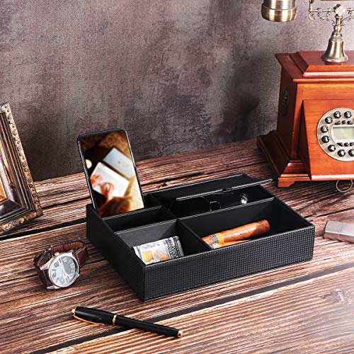 BEWISHOME Mens Valet Tray Dresser Organizer Nightstand Organizer for Mens Accessories Jewelries, Carbon Fiber Faux Leather, Black SSH06C