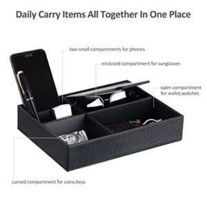 BEWISHOME Mens Valet Tray Dresser Organizer Nightstand Organizer for Mens Accessories Jewelries, Carbon Fiber Faux Leather, Black SSH06C