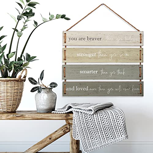 You Are Braver Than You Believe, Stronger Than You Seem Quote Wall Decor, Decorative Wood Plank Hanging Sign 17” x 14” by Barnyard Designs