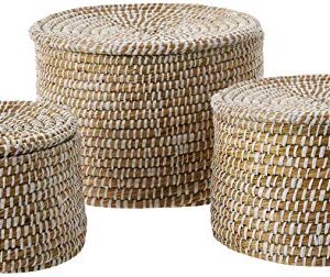 Creative Co-Op Whitewashed Woven Seagrass Lids (Set of 3 Sizes) Baskets, White