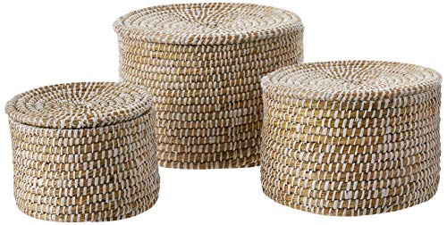 Creative Co-Op Whitewashed Woven Seagrass Lids (Set of 3 Sizes) Baskets, White