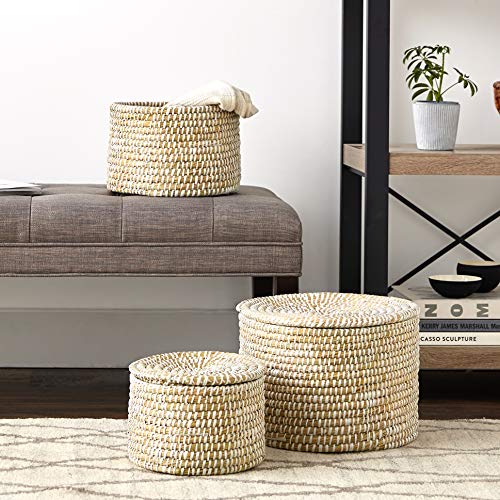 Creative Co-Op Whitewashed Woven Seagrass Lids (Set of 3 Sizes) Baskets, White