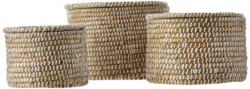 Creative Co-Op Whitewashed Woven Seagrass Lids (Set of 3 Sizes) Baskets, White