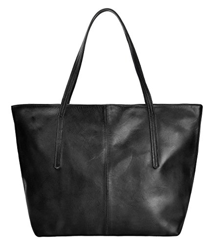 ZLYC Women Vintage Dip Dye Leather Tote Bag Handbag Large Zippered Shoulder Bag, Black