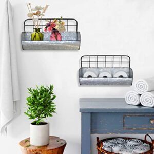 ShabbyDecor Galvanized Metal Farmhouse Wall Storage Holder Rustic Tin Shelves for Kitchen Laundry Room Bathroom Metal Hanging Wire Basket Set of 2