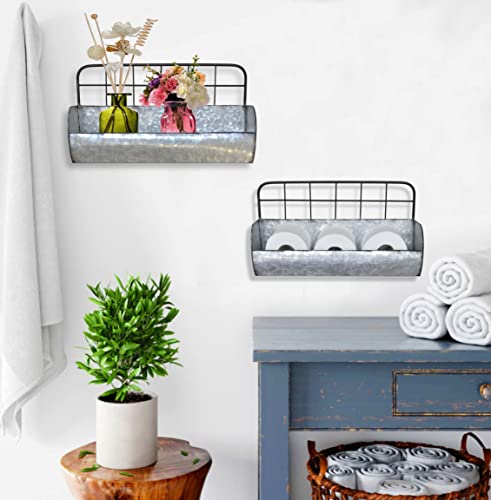 ShabbyDecor Galvanized Metal Farmhouse Wall Storage Holder Rustic Tin Shelves for Kitchen Laundry Room Bathroom Metal Hanging Wire Basket Set of 2