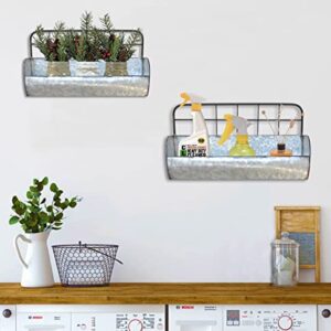 ShabbyDecor Galvanized Metal Farmhouse Wall Storage Holder Rustic Tin Shelves for Kitchen Laundry Room Bathroom Metal Hanging Wire Basket Set of 2