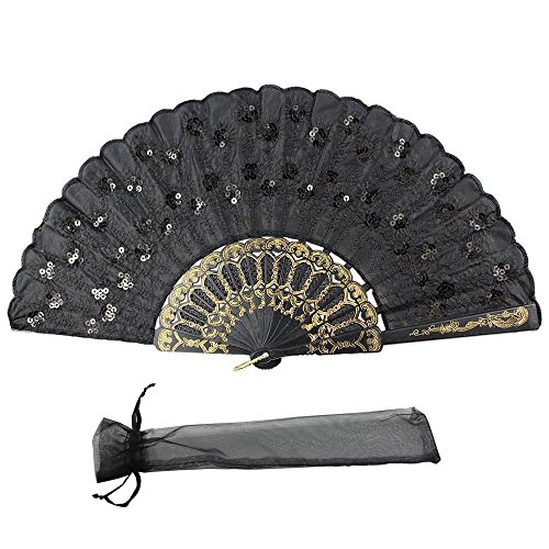 Newstarfactory Peacock Feather Black Sequins Design Plastic Folding Hand Fan