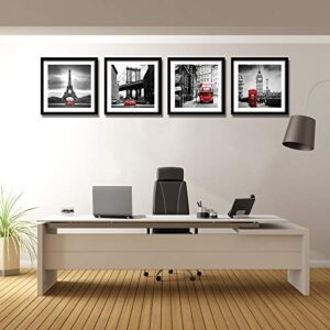 ENGLANT 4 Pieces Framed Canvas Wall Art, Black White and Red Wall Decor Landscape Poster with Eiffel Tower, Brooklyn Bridge, London Big Ben Picture for Bedroom and Bathroom