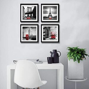 ENGLANT 4 Pieces Framed Canvas Wall Art, Black White and Red Wall Decor Landscape Poster with Eiffel Tower, Brooklyn Bridge, London Big Ben Picture for Bedroom and Bathroom