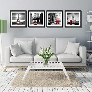ENGLANT 4 Pieces Framed Canvas Wall Art, Black White and Red Wall Decor Landscape Poster with Eiffel Tower, Brooklyn Bridge, London Big Ben Picture for Bedroom and Bathroom