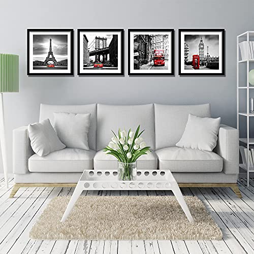 ENGLANT 4 Pieces Framed Canvas Wall Art, Black White and Red Wall Decor Landscape Poster with Eiffel Tower, Brooklyn Bridge, London Big Ben Picture for Bedroom and Bathroom