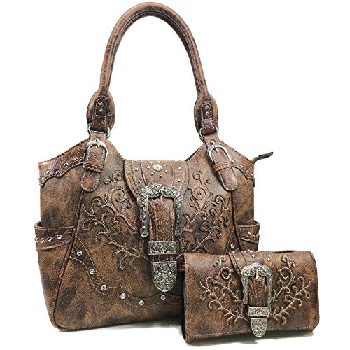 Zelris American Albino Western Floral Buckle Conceal Carry Women Tote Purse Handbag with Crossbody Wallet Set (Brown)