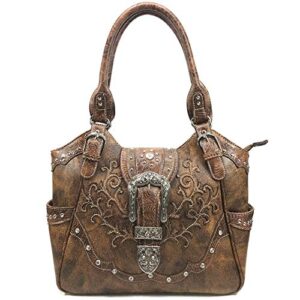 Zelris American Albino Western Floral Buckle Conceal Carry Women Tote Purse Handbag with Crossbody Wallet Set (Brown)