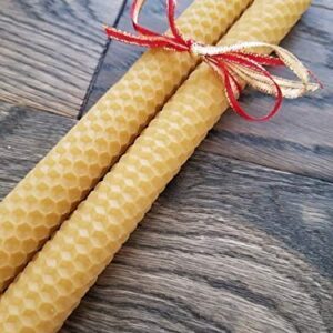 100% Pure Beeswax Handmade Taper Candles (Honey Yellow) - 8 Inch Smokeless Dripless Pair - Natural Subtle Honey Smell - Elegant Honeycomb Design (2 pack)