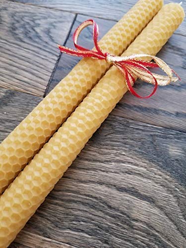 100% Pure Beeswax Handmade Taper Candles (Honey Yellow) - 8 Inch Smokeless Dripless Pair - Natural Subtle Honey Smell - Elegant Honeycomb Design (2 pack)