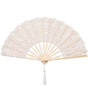 babeyond cotton lace folding handheld fan embroidered bridal hand fan with bamboo staves for wedding decoration dancing party (beige)