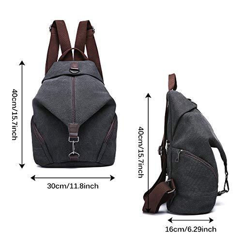 JOSEKO School Backpack Women, Casual Vintage Canvas Women Backpack Purse Ladies Large Capacity Travel Bag Black 10.63'' x15.35''x6.29''