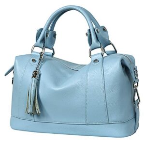 heshe genuine leather shoulder bag womens tote top handle handbags cross body bags for office lady (light blue)