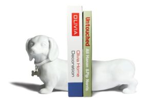 danya b. decorative dachshund bookend set in white, great gift for the dog fan, home or office bookcase décor, display shelves or for pet store owner or groomer