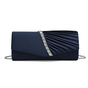 charming tailor evening handbag crystal embellished purse pleated satin clutch (navy blue)