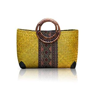 qtkj women summer retro straw bag with printing hand-woven beach handbag top round handle boho tote bag shopping and travel large bag (yellow)