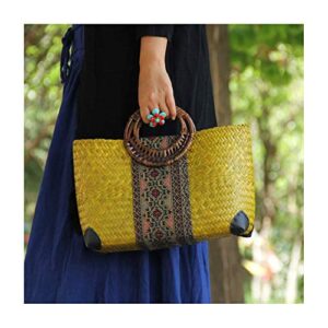 QTKJ Women Summer Retro Straw Bag with Printing Hand-woven Beach Handbag Top Round Handle Boho Tote Bag Shopping and Travel Large Bag (Yellow)