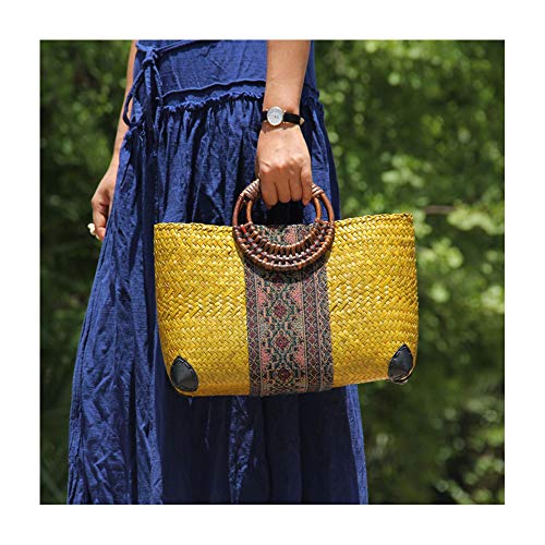 QTKJ Women Summer Retro Straw Bag with Printing Hand-woven Beach Handbag Top Round Handle Boho Tote Bag Shopping and Travel Large Bag (Yellow)