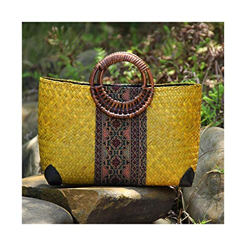 QTKJ Women Summer Retro Straw Bag with Printing Hand-woven Beach Handbag Top Round Handle Boho Tote Bag Shopping and Travel Large Bag (Yellow)