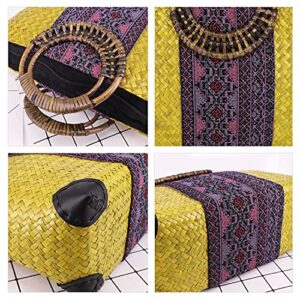QTKJ Women Summer Retro Straw Bag with Printing Hand-woven Beach Handbag Top Round Handle Boho Tote Bag Shopping and Travel Large Bag (Yellow)