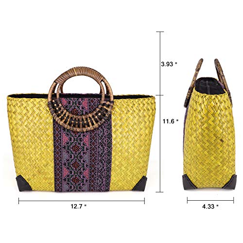 QTKJ Women Summer Retro Straw Bag with Printing Hand-woven Beach Handbag Top Round Handle Boho Tote Bag Shopping and Travel Large Bag (Yellow)