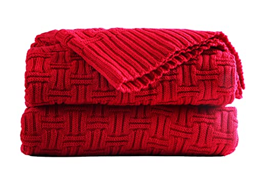 Cable Knitted Throw Blanket Couch Cover Blanket Soft Lightweight Blanket Comfortable Home Decorative Red