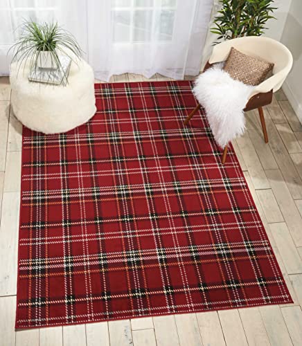 Nourison Grafix Red 5'3" x 7'3" Area -Rug, Modern, Plaid, Bed Room, Living Room, Dining Room, Kitchen, Easy -Cleaning, Non Shedding, (5' x 7')