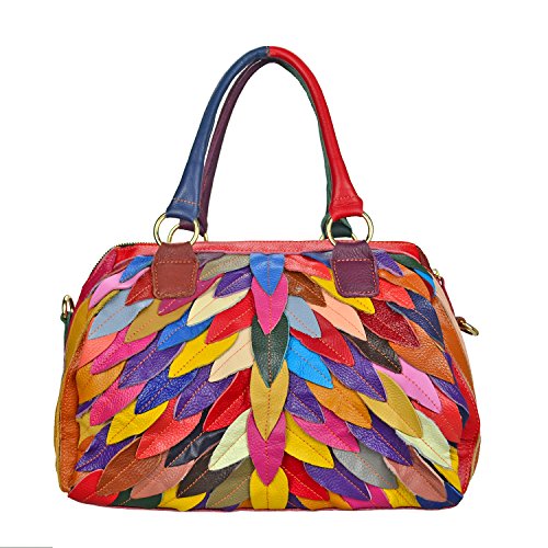 Sibalasi Women’s Multicolor Boston Bag Colorful Tote Leather Bag Unique Genuine Leather Handbag Designer Purse (Leaves)